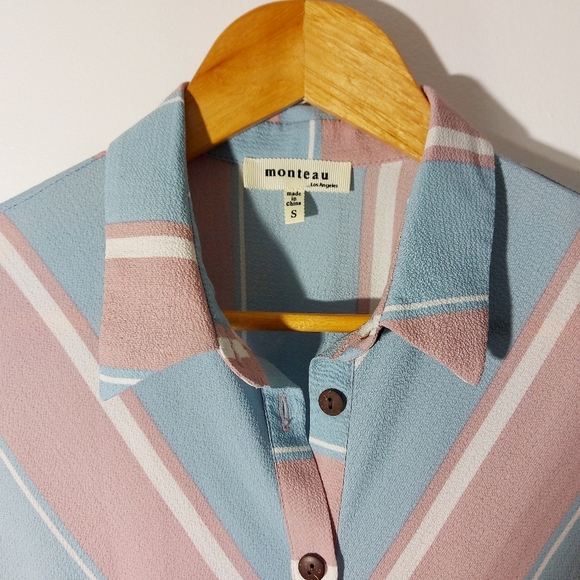 MONTEAU Blue&Pink Pastel Collard TShirt Midi Dress Wood  Buttons - Picture 4 of 8